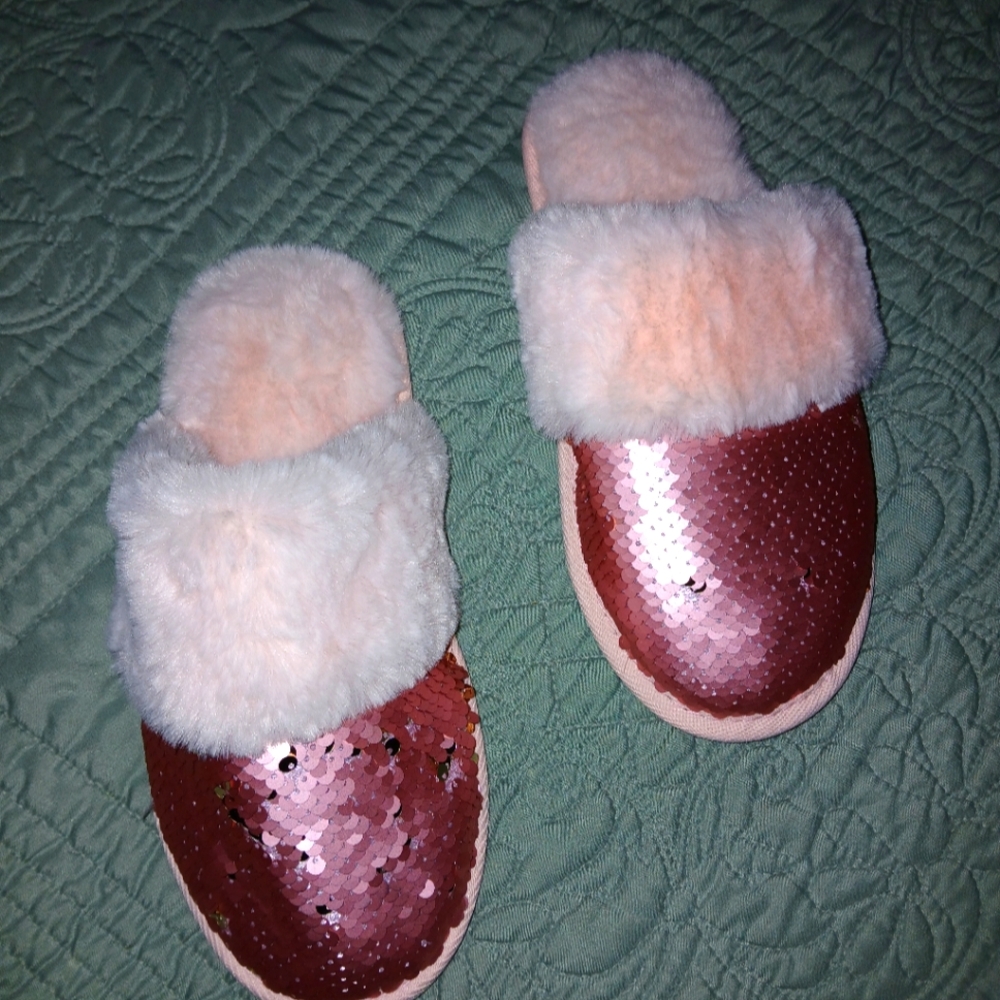 Pink Sequin and Fur Slippers
